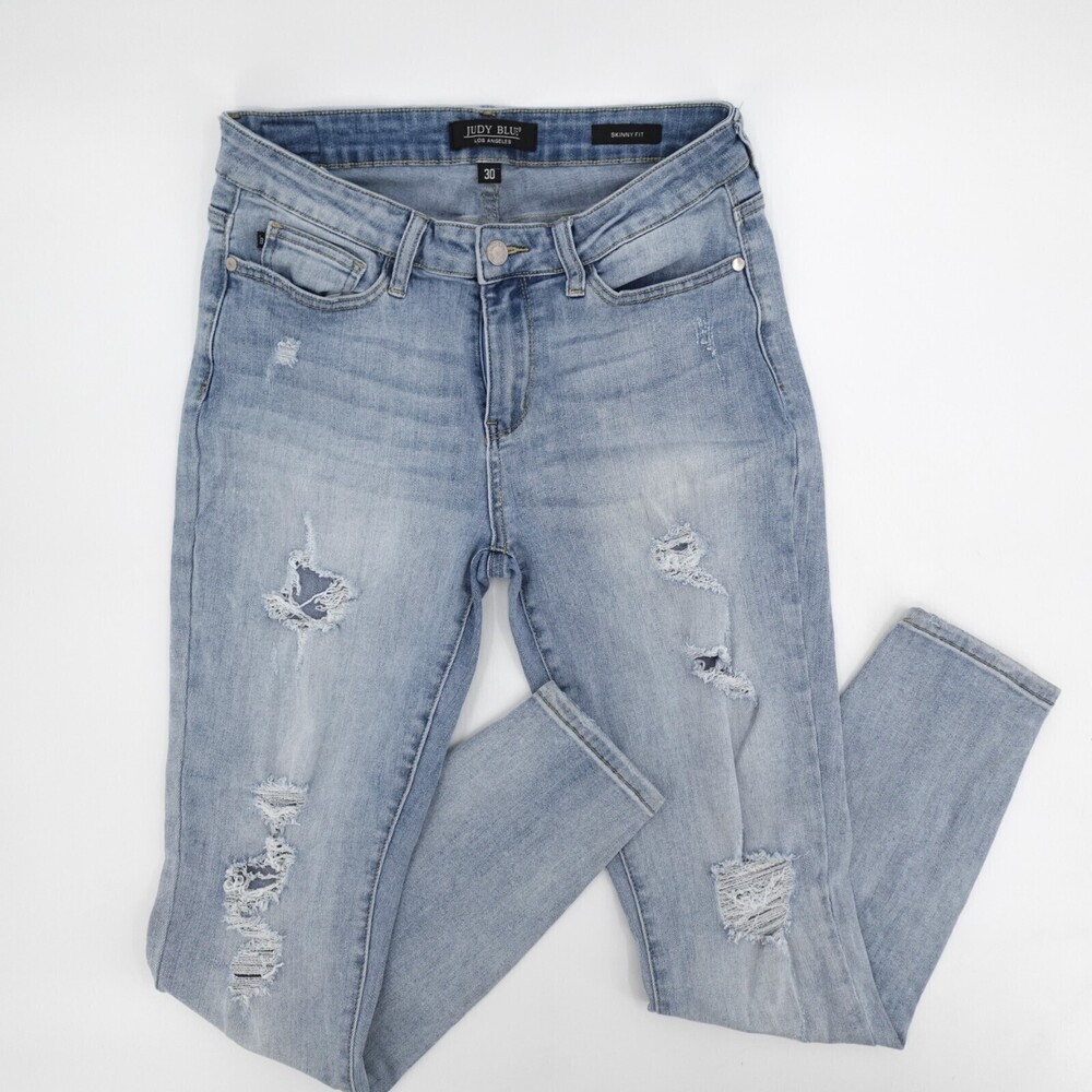 Judy Blue Jeans Womens 30 Blue Distressed Skinny Fit Tapered Ripped Designer